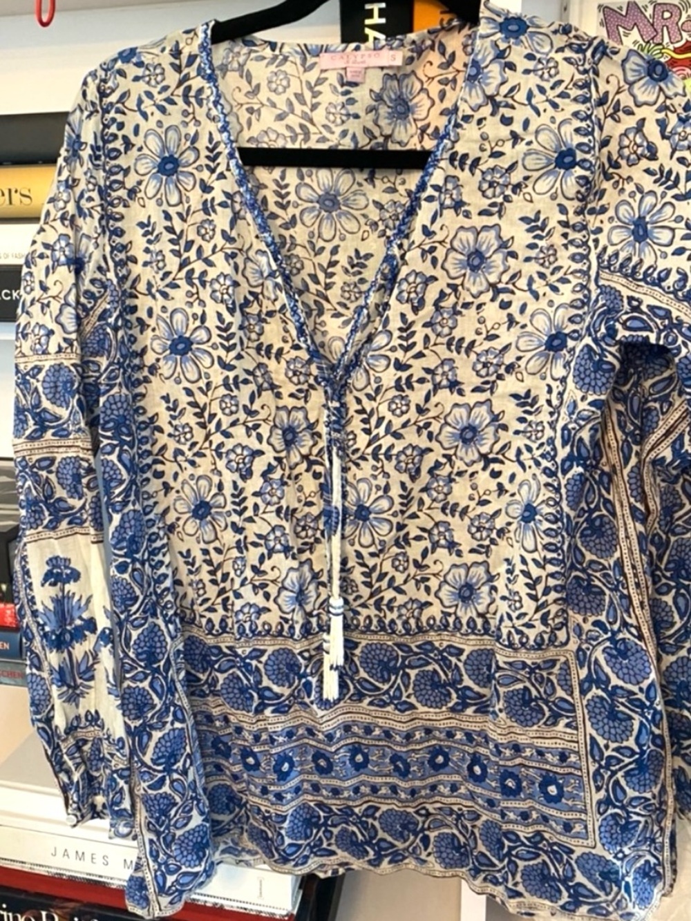 Calypso St. Barth Blue & White Floral Boho Tunic Top Blouse Tassel Ties S M